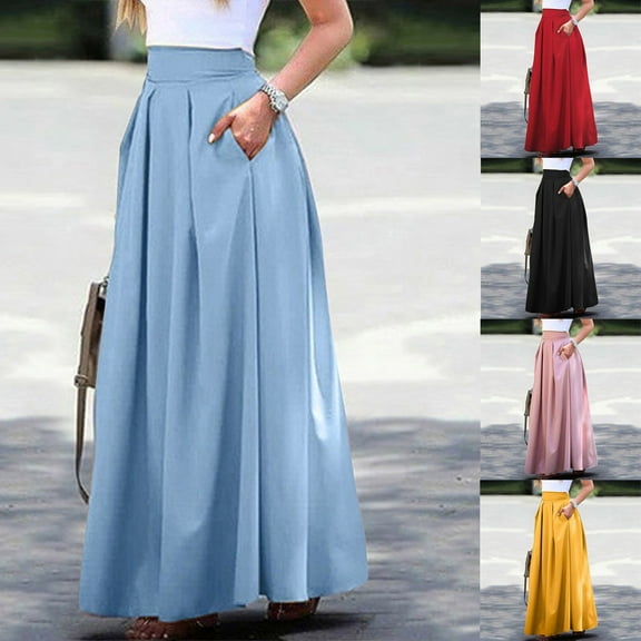 Utoimkio Women's Ruched Ruffle High Elastic Waist Midi Skirt Casual A Line Zipper Pleated Skirts