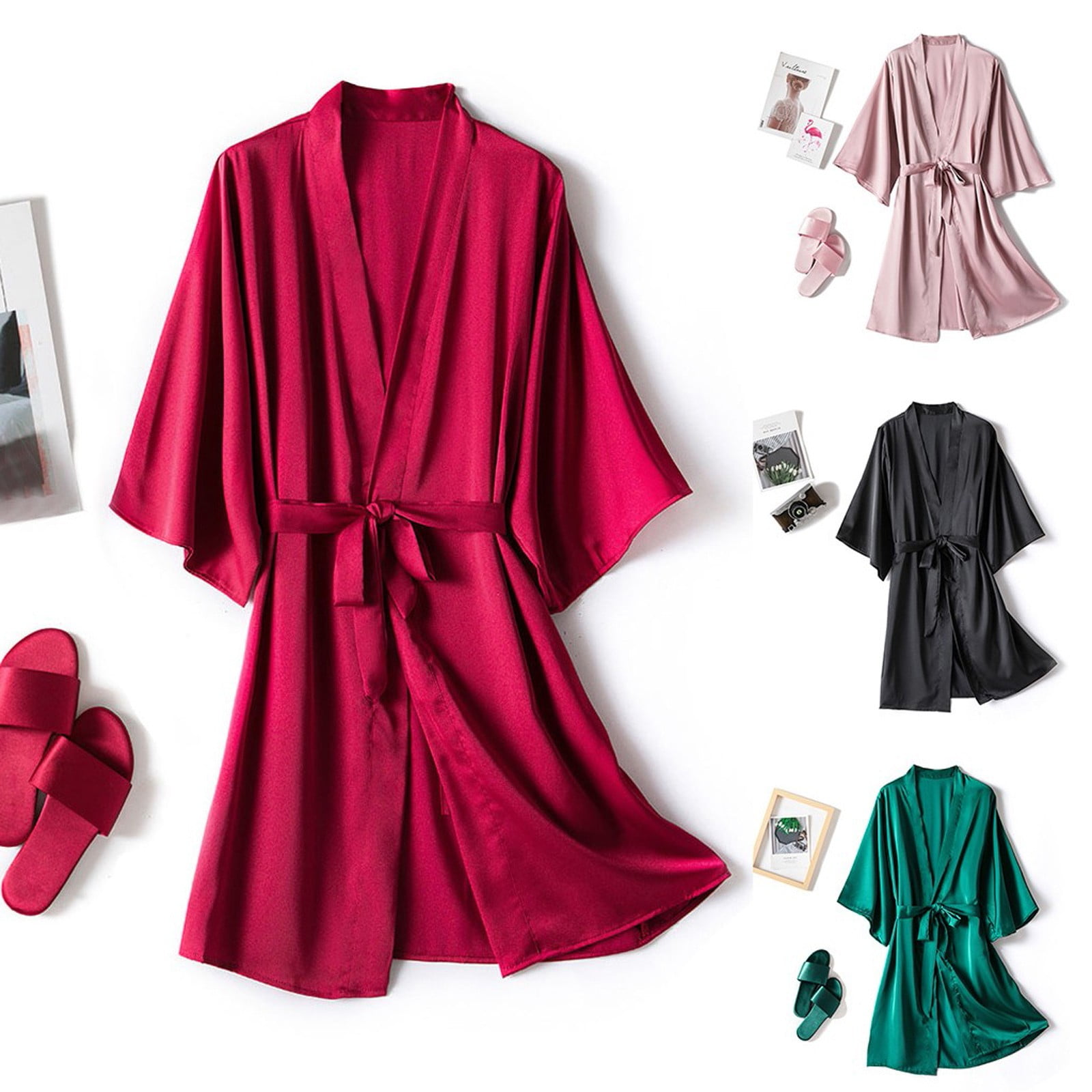 Utoimkio Women's Satin Silk Robe Solid Short Kimono Robes Home Comfort ...