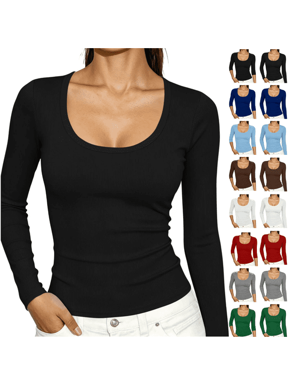 Women's Scoop U Neck Long Sleeve Undershirts Ribbed Slim Fitted Pullover Blouses Basic Tee Tops Size S-XXL