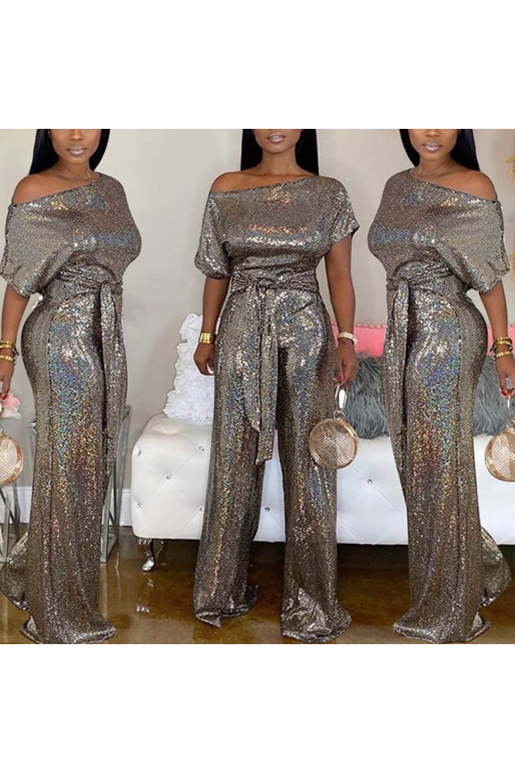 Women's Sequins Elegant Evening Gown Formal Maxi Dresses for Women Summer Short Sleeve Off Shoulder Jumpsuits for Women Banquet Evening Dress