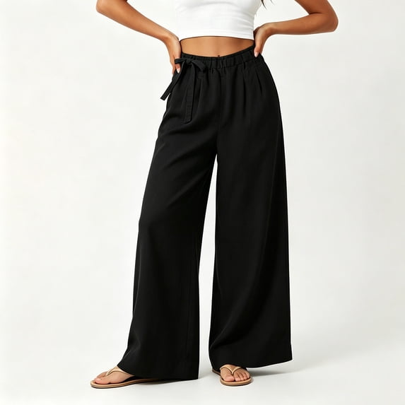 Utoimkio Women's Side Tie Linen Wide Leg Pants Elastic Ruched Waist with Side Pockets for Beach Vacation Daily Walking