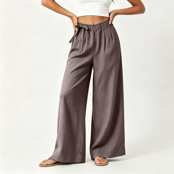 Utoimkio Women's Side Tie Linen Wide Leg Pants Elastic Ruched Waist with Side Pockets for Beach Vacation Daily Walking