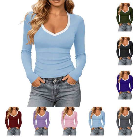 Utoimkio Women's Slim Ribbed Long Sleeve Undershirts Contrast Trim V Neck Basic Pullover Tee Tops for Daily Matching Size S-XXL