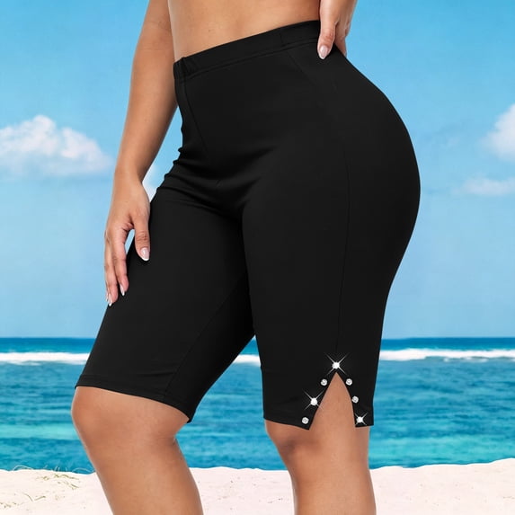 Utoimkio Women's Stretchy Slim Knee Cycling Shorts Side Slit Hem Rhinestone Ornament Soft Daily Casual Wear