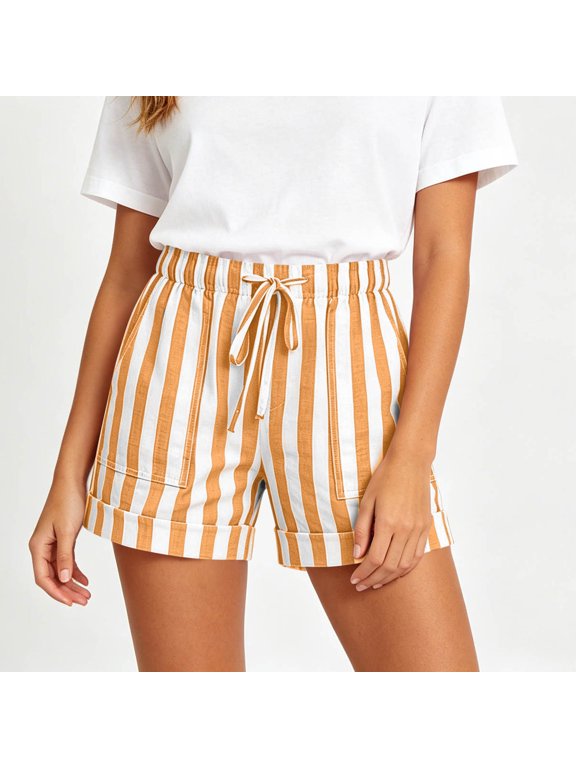 Women's Striped Casual Shorts Drawstring Elastic Waist Cuffed Hem Big Patch Pockets for Summer Daily Outfits