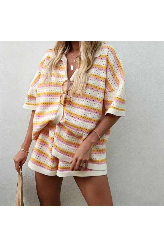 Women's Striped Knit Two Piece Outfit,Button Down Shirt and Shorts Set Size S-XL