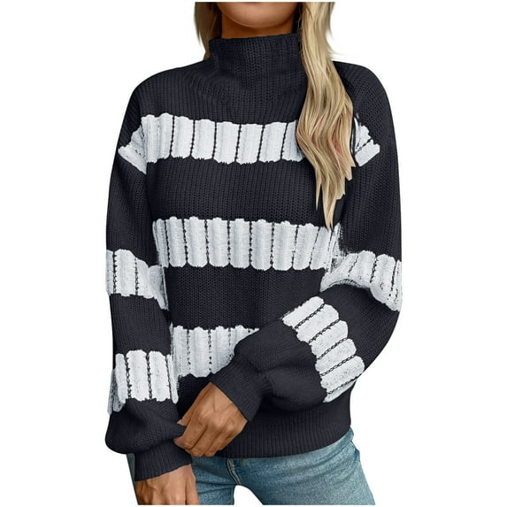 Utoimkio Women's Striped Turtleneck Sweater Pullover Long Sleeve Cable Knitted Color Block Casual Loose Lightweight Sweaters for Women