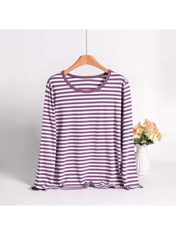 Women's Striped Undershirt Crew Neck Long Sleeve Base Casual Pajama Tops