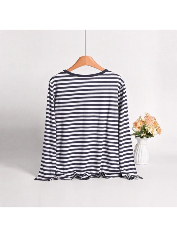 Women's Striped Undershirt Crew Neck Long Sleeve Base Casual Pajama Tops