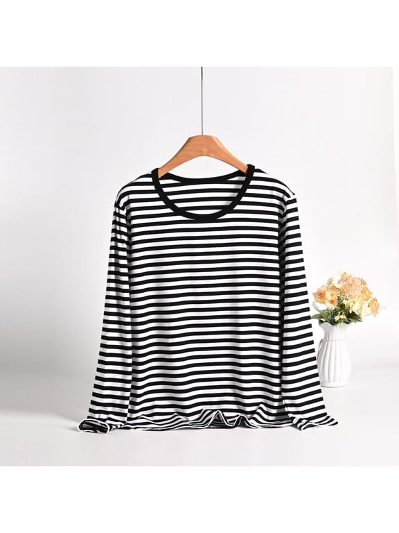 Women's Striped Undershirt Crew Neck Long Sleeve Base Casual Pajama Tops