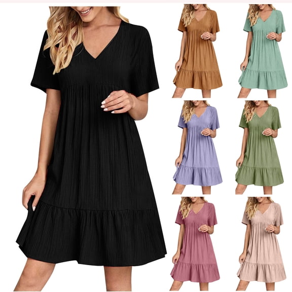 Utoimkio Women's Summer High Waist Ruched Midi Dresses Casual Loose V Neck A-Line Long Dresses for Women