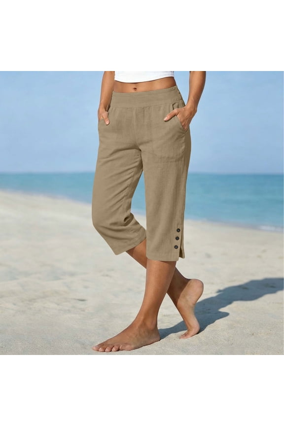 Women's Summer Linen Capri Pants,Teal High Waist Pull-On Cropped Trousers with Pockets