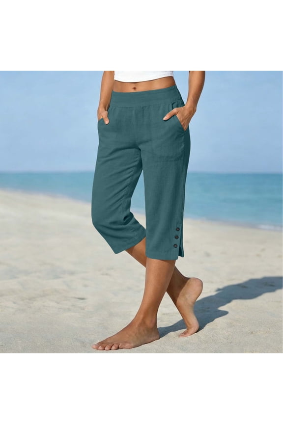 Women's Summer Linen Capri Pants,Teal High Waist Pull-On Cropped Trousers with Pockets