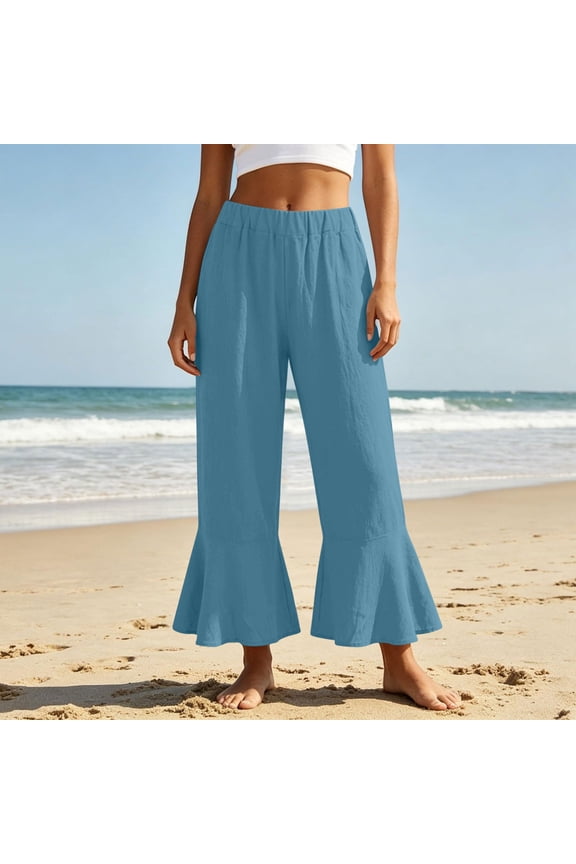 Women's Teal High Waist Flare Pants,Elastic Waist Linen-Look Cropped Bell Bottoms
