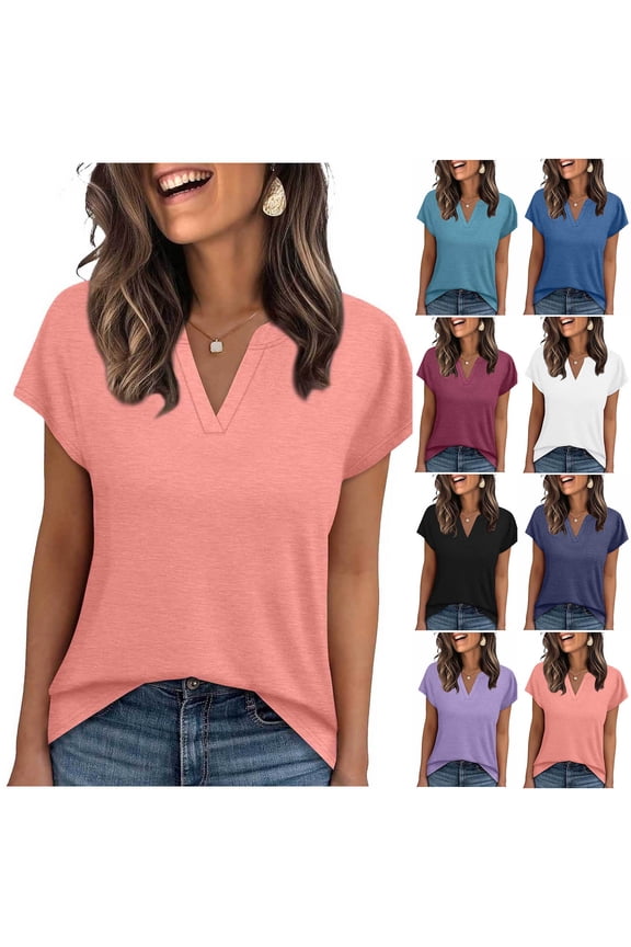 Women's Tunic Tops Loose Fit Short Sleeve Shirts V Neck Summer Casual Blouses Size S-XXL