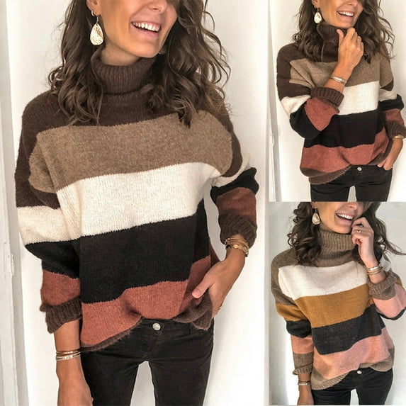 Utoimkio Women's Turtleneck Knit Sweaters Long Sleeve Color Block Pullover Sweaters Winter Casual Loose Knitted Outwear Jumper Tops
