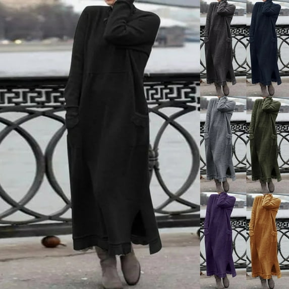 Utoimkio Women's Turtleneck Long Sleeve Loose Maxi Dress Fall Winter Casual Baggy Loose Long Dresses with Pockets