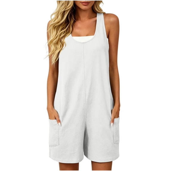 Utoimkio Women's U Neck Sleeveless Short Romper Jumpsuit,Loose Fit Side Pocket Casual Overall Shorts for Summer Beach Daily Wear