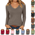 thumbnail image 1 of Utoimkio Women's V Neck Long Sleeve Undershirts Slim Fitted Stretchy Casual Basic Tee for Daily Wear Size XS-XL, 1 of 8