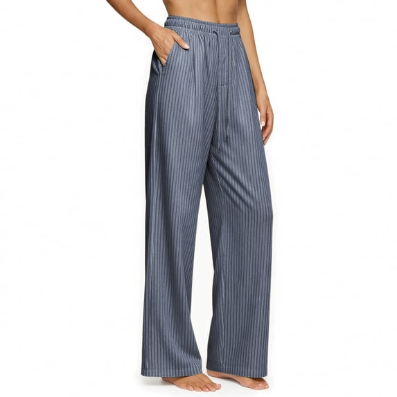 Utoimkio Women's Vertical Striped Wide Leg Pajama Pants Drawstring Elastic High Waist Soft Loose Sleep Trousers with Side Pockets for Home Lounging