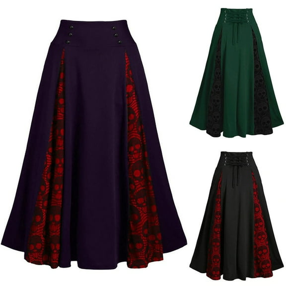 Utoimkio Women's Vintage Stretch High Waist Gothic Pleated Skirts A-Line Flared Midi Skirts
