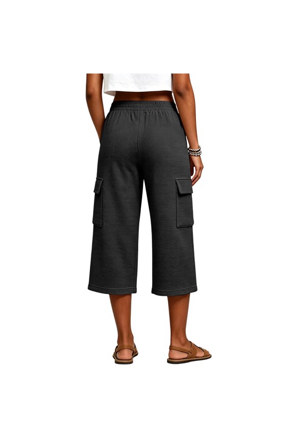 Women's Waffle Knit Capri Pants Drawstring High Waist Relax Fit Cargo Trousers with Side Pockets