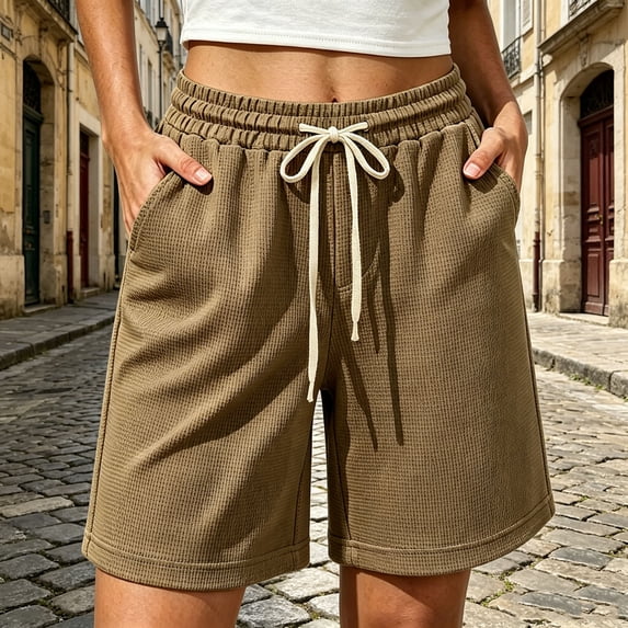 Utoimkio Women's Waffle Knit Casual Bermuda Shorts,Elastic Drawstring High Waist Relaxed Fit Knee Length Shorts with Side Pockets for Daily Lounging