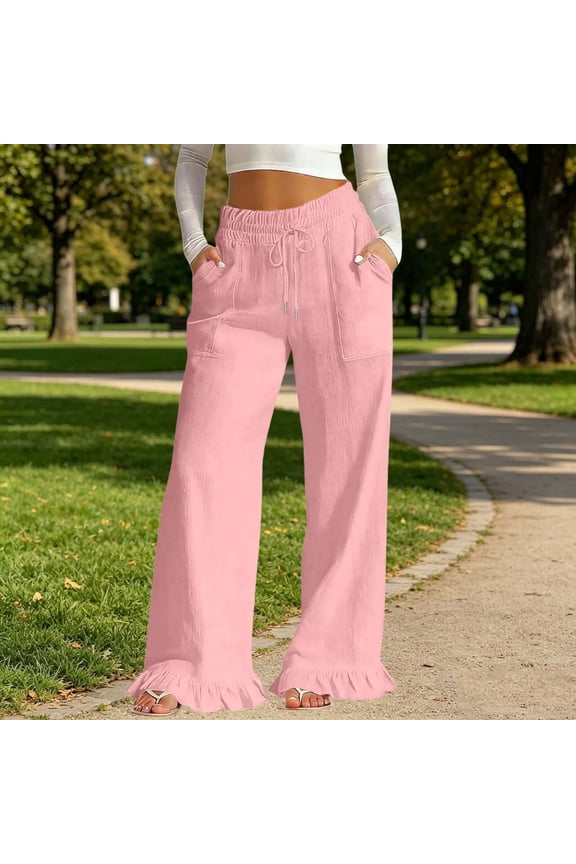 Women's Wide Leg Linen Pants Drawstring Elastic Waist Trousers with Square Patch Pockets Ruffle Flared Ankle Hem for Beach Vacation
