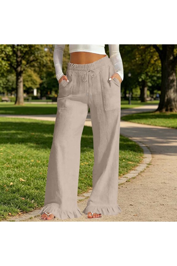 Women's Wide Leg Linen Pants Drawstring Elastic Waist Trousers with Square Patch Pockets Ruffle Flared Ankle Hem for Beach Vacation
