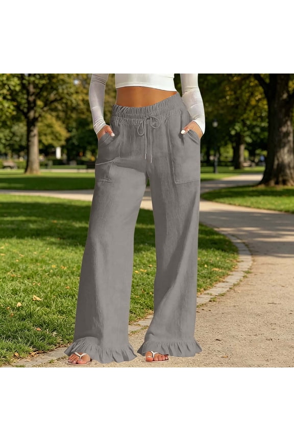 Women's Wide Leg Linen Pants Drawstring Elastic Waist Trousers with Square Patch Pockets Ruffle Flared Ankle Hem for Beach Vacation