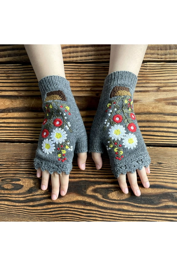 Women's Winter Knit Fingerless Gloves Cute Embroidered Flower Thicken Warm Half Finger Gloves