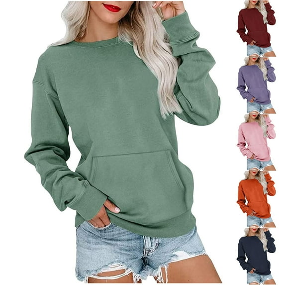 Utoimkio Womens Casual Long Sleeve Crewneck Sweatshirts Solid Lightweight Pullover Tops Fall Loose Fit Tunic Tops Shirts with Pockets
