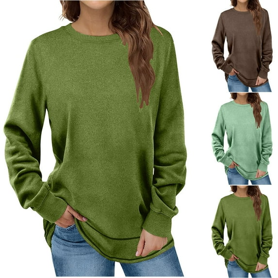 Utoimkio Womens Casual Long Sleeve Crewneck Sweatshirts Solid Lightweight Pullover Tops Fall Loose Fit Tunic Tops Shirts