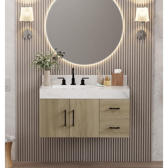 Utopia 36" Single Bathroom Vanity with Calacatta Sintered Stone Top, Sink & Backsplash. 37" W x 22" D x 34.5" H. Dark Oak. Metal Base. MDF. Pre-Assembled. 2 Soft-Closing Drawers & Doors