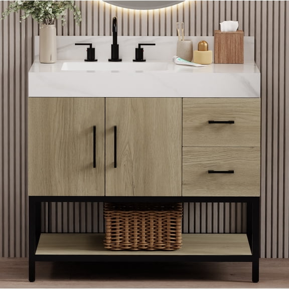Utopia 36" Single Bathroom Vanity with Calacatta Sintered Stone Top, Sink & Backsplash. 37" W x 22" D x 34.5" H. Dark Oak. Metal Base. MDF. Pre-Assembled. 2 Soft-Closing Drawers & Doors