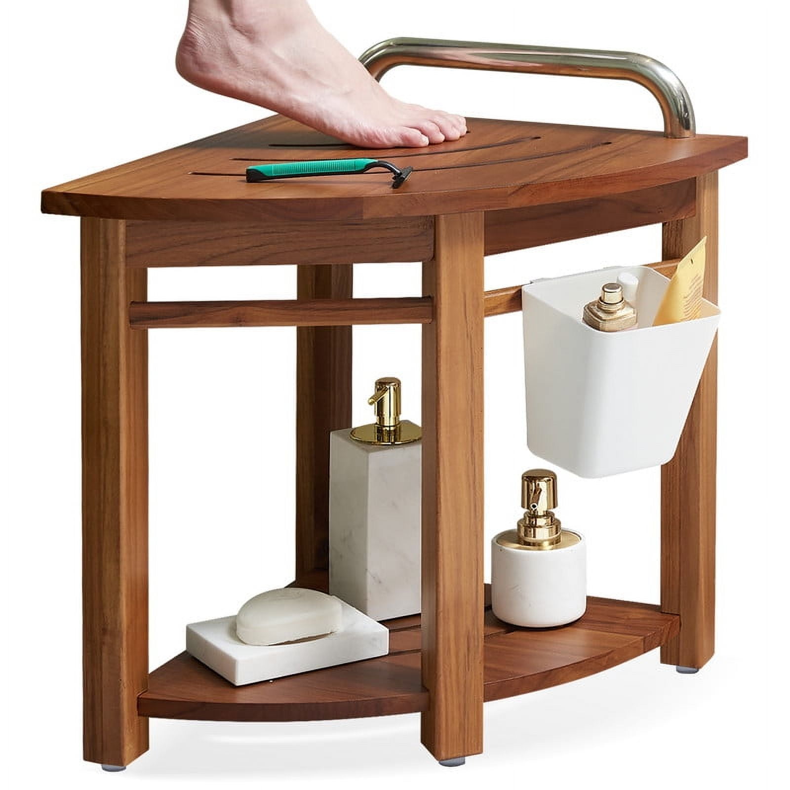 Teak Corner Shower Bench with Handle and Storage