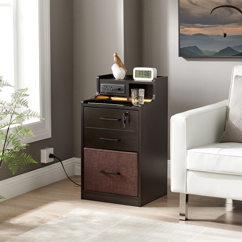 Utopia Alley 2 Drawer LED Nightstand, Night Stand with Fast Charging, 3 USB Ports and 2 Power Outlets, Bedside Table with Open Shelf, 29 inch Nightstand with Lock for Bedroom, Espresso Color
