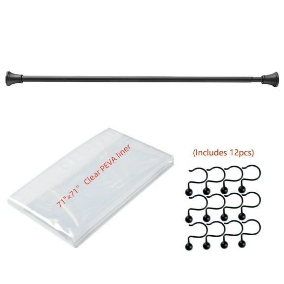 Utopia Alley Adjustable 72-In Shower Curtain Tension Rod - Rust-Proof Aluminum with Rubber End Cap, No Drill Installation - Extendable & Retractable, Easy to Hang, With Shower Liner and Hooks, Black