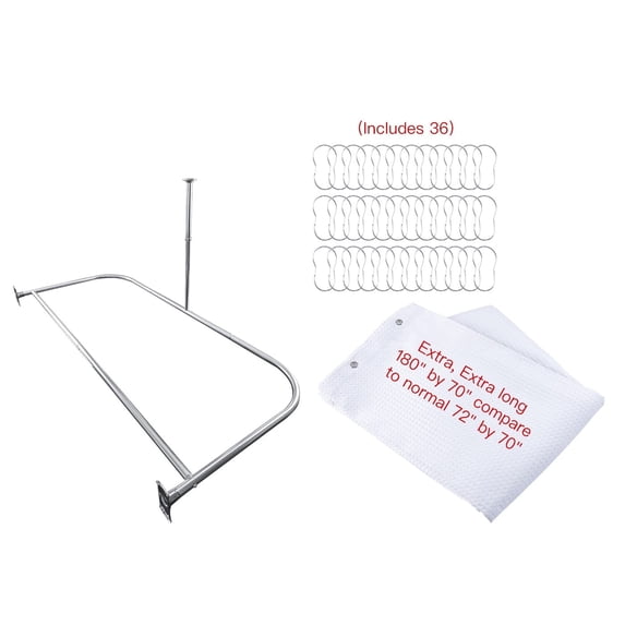 Utopia Alley Rustproof Wall Mounted Aluminum D-shape Shower Curtain Rods With Ceiling Support for Freestanding Tubs, 60 Inch Large Size by 25 Inch, Polished Chrome + White Shower curtain 180x70 inch