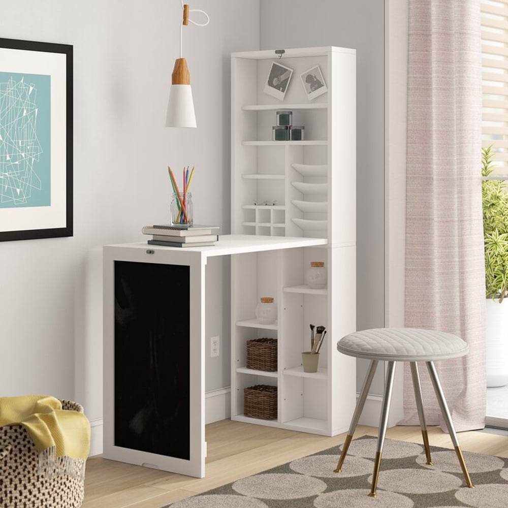 Utopia Alley Collapsible Fold Down Desk Table with Storage Cabinet & Bottom Shelves - Convertible Foldable Desk Furniture with Chalkboard Wall - Computer Desk With Storage for Small Spaces - White