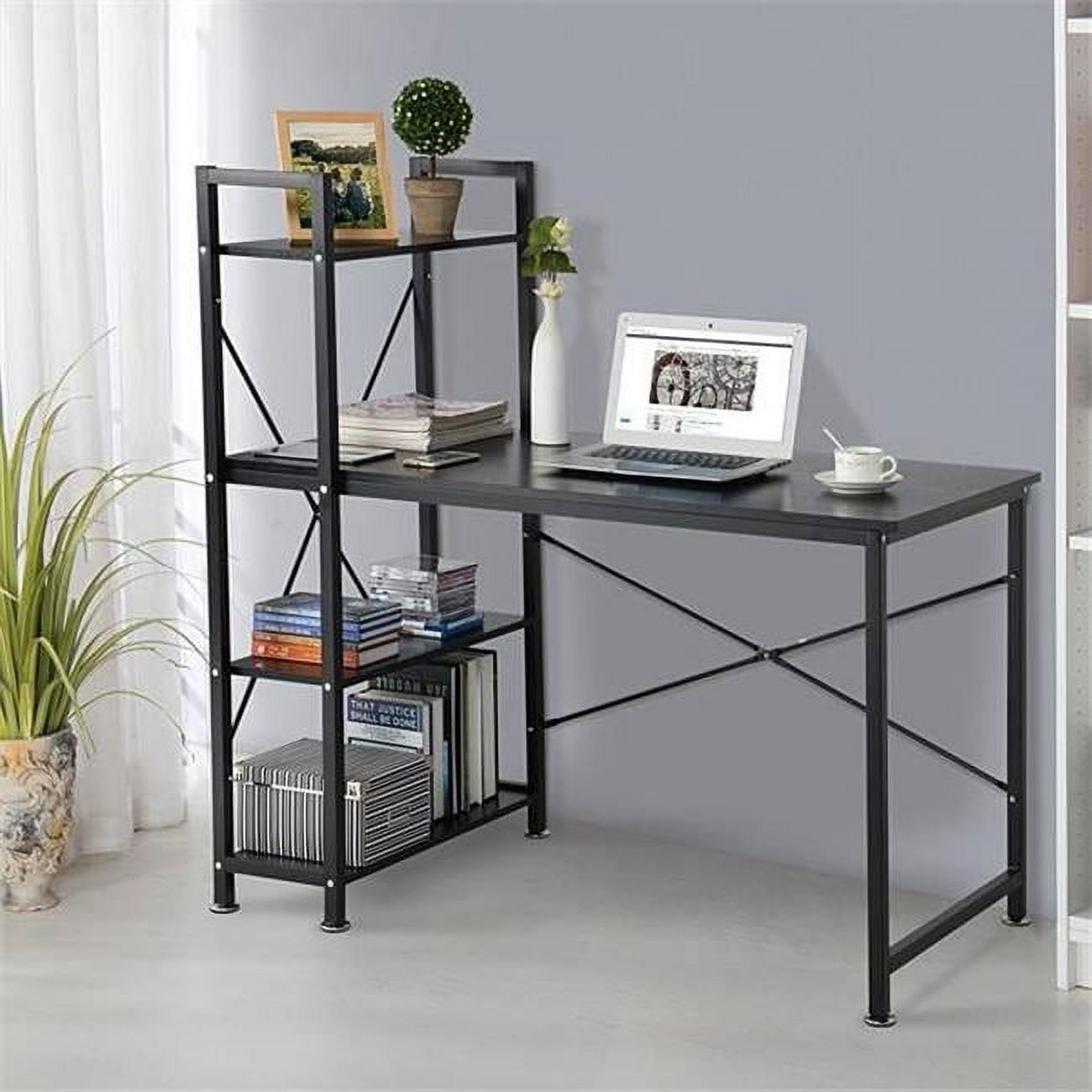Compact Black Wood & Metal Corner Gaming Desk with 3 Shelves