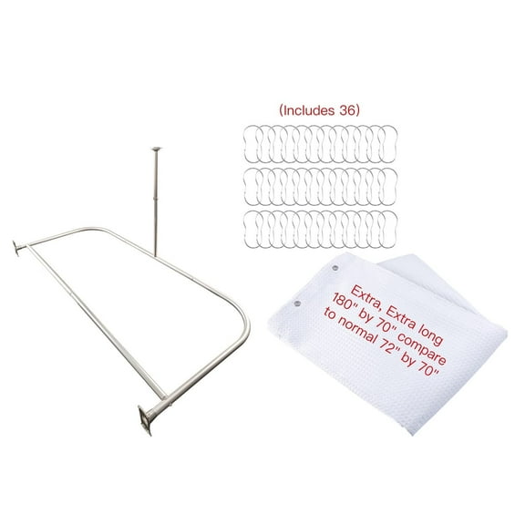 Utopia Alley Rustproof Wall Mounted Aluminum D-shape Shower Curtain Rods With Ceiling Support for Freestanding Tubs, 60 Inch Large Size by 25 Inch, Brushed Nickel + White Shower curtain 180x70 inch