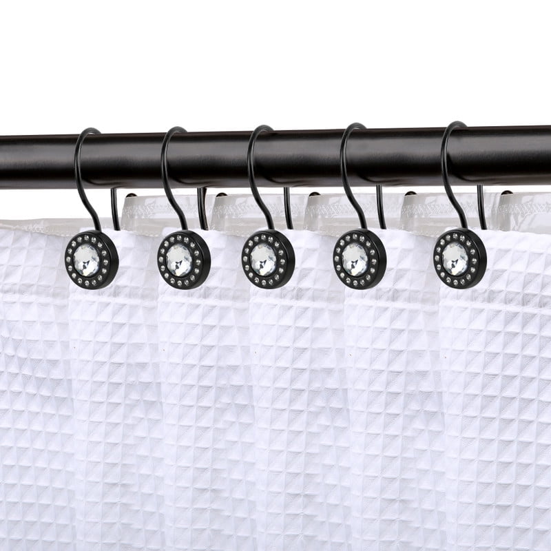 Utopia Alley Decorative Double Shower Curtain Hooks - Rust Proof Shower Curtain Hooks with Acrylic Crystal Design for Bathrooms, Kitchen, Utensils, Curtains, Towels etc - Set of 12, Matt Black