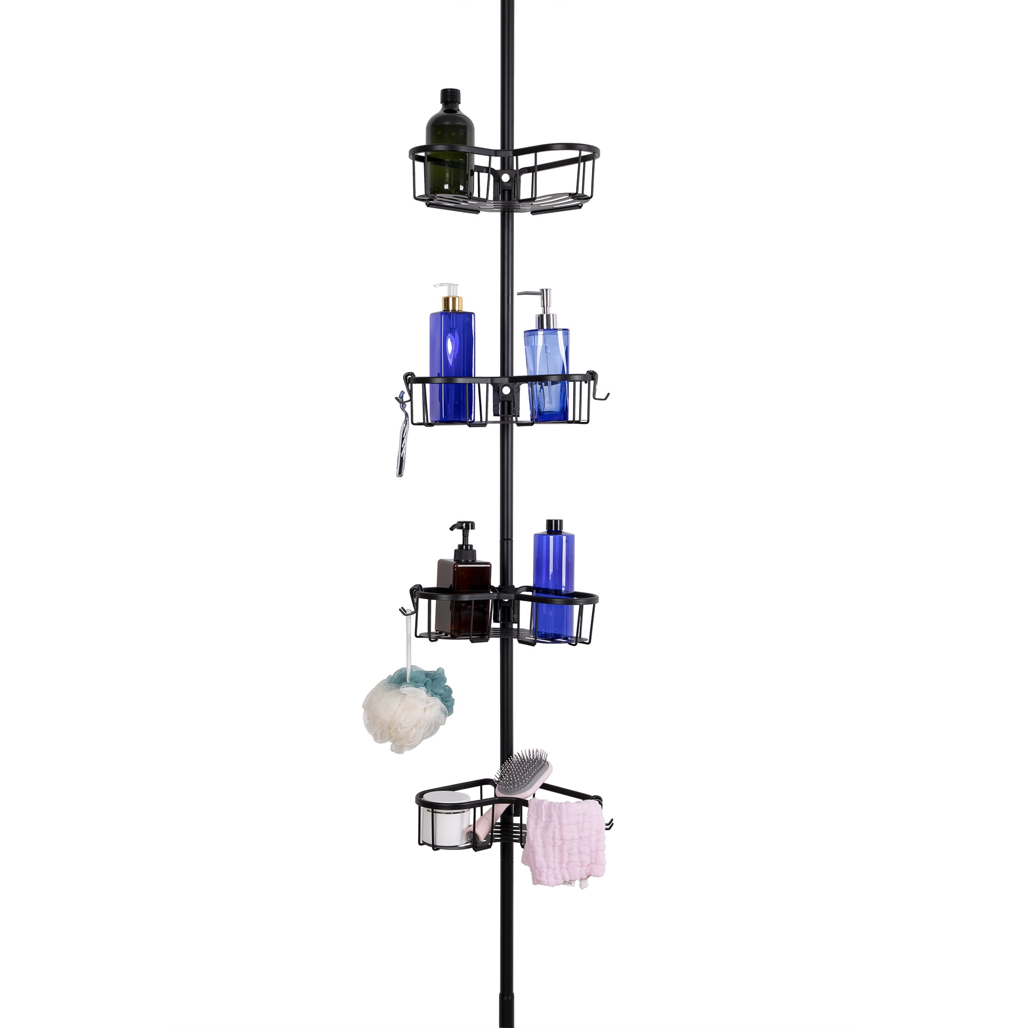 Utopia Alley Flat Shelf Tension Rod Shower Organizer - Rustproof Corner Shower Caddy with 4 Adjustable Shelves - Stand Up Shower Corner Shelf, Bathtub Corner Rack - Matte Black Finish