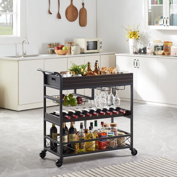 Utopia Alley Bar Cart for Home, 3 Tier Wine Cart with Wheels Bar Serving Carts on Lockable Wheels with Handle, Kithcen Island Cart with Wine Rack and Glass Holder for Living/Dining Room, Kitchen