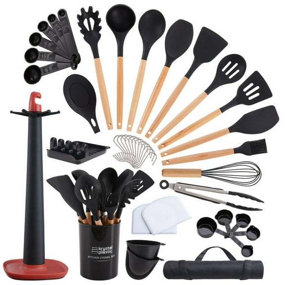 Utopia Alley 40 Pcs Cooking Utensils Set with Apron Silicone Turner Tong Spatula Spoon Kitchenware Organizer Cookware with Natural Wooden Handle, Black