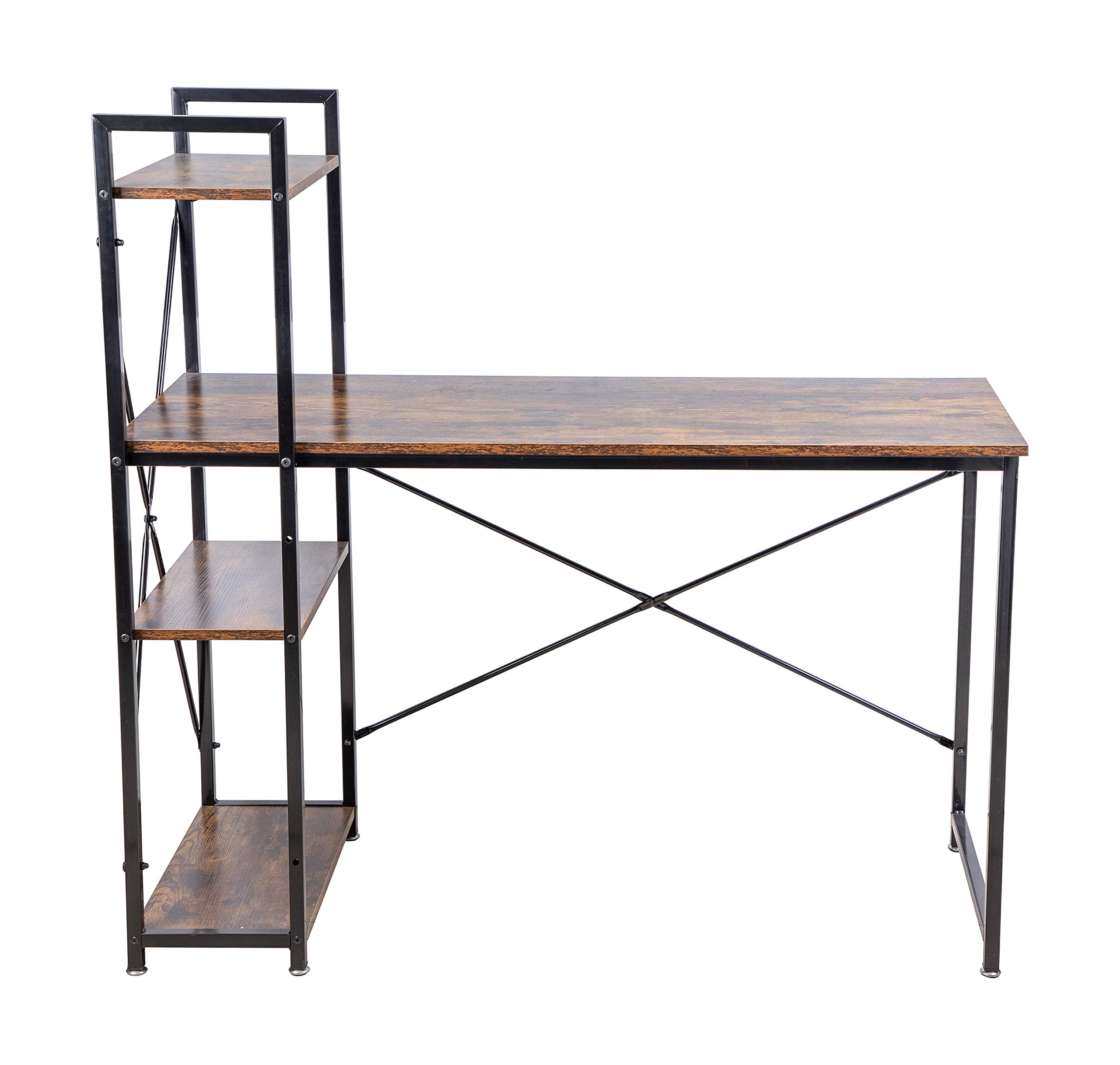 Rustic Brown Wood and Metal Corner Gaming Desk with Shelves