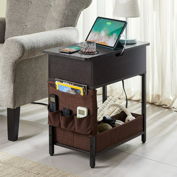 Utopia Alley End Table with Charging Station, Narrow Sofa Side Table with USB Ports & Fast ChargingFlip Top End Table with Cup Holder & Fabric Drawer/Bag for Small Spaces,Living Room,Bedroom