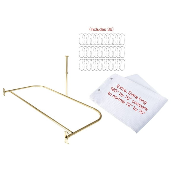 Utopia Alley Rustproof Wall Mounted Aluminum D-shape Shower Rod With Ceiling Support for Freestanding Tubs, 60 Inch Large Size by 25 Inch, Gold + White Shower Curtain 180x70inch