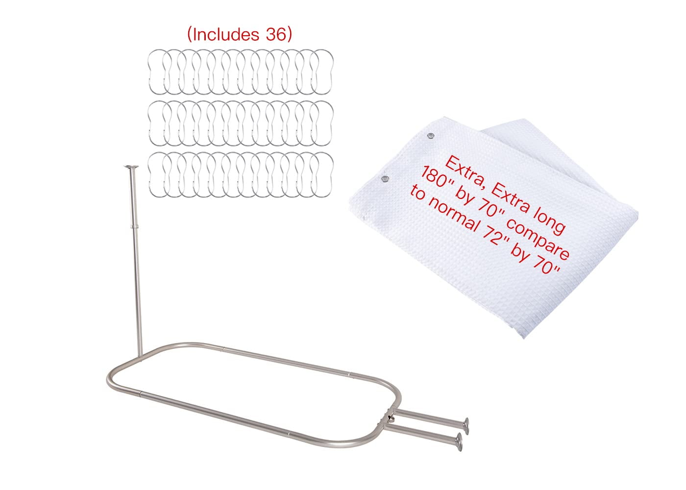 Extra Large Nickel Aluminum Oval Shower Rod with White Curtain
